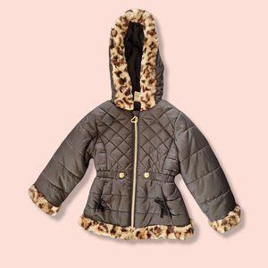 Okie Dokie Toddler Girl Black Hooded Puffer Jacket w/ Cheetah print fur